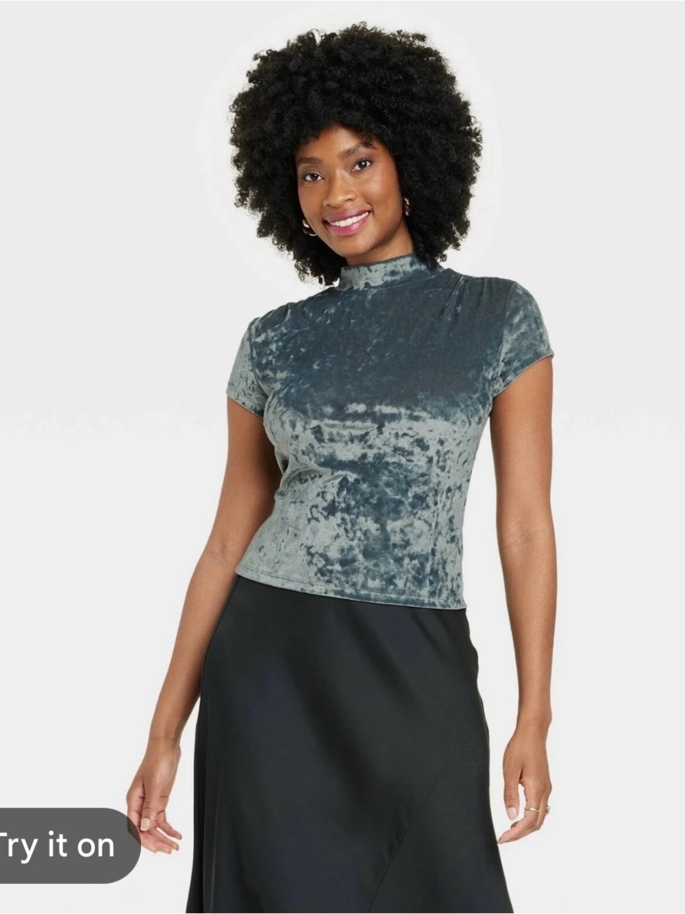 a new day Crushed Velvet Mock Neck Short Sleeve Top - Slate Gray